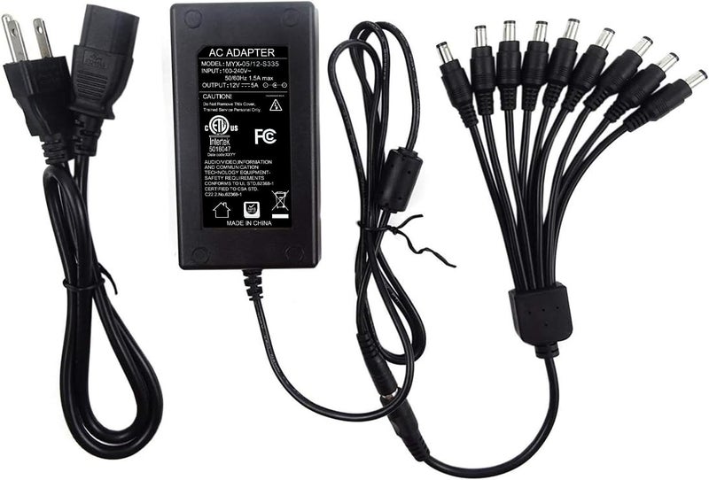 TIGERSECU Security Camera Power Adapter with 9-Way Power Splitter, 12V 5A 100V-240V 2.1x5.5mm Power Supply, Compatible with Lorex, Samsung, Q-See, Night Owl, Swann, Annke IP and BNC Cameras - Image 1